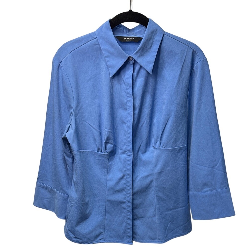 Express Stretch Blue Empire Waist Button Up Blouse 3/4 Sleeve‎ Shirt Size 11/12